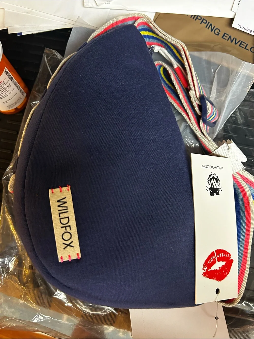 Wildfox Navy Heart Crossbody Bag with Multicolor Stripe Strap